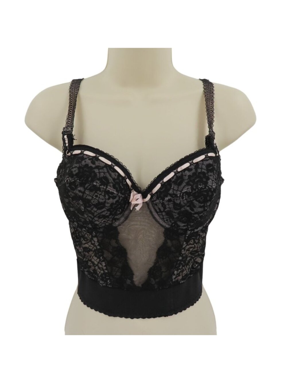 VTG Lady Marlene 34B Black Flower Lace Mesh Pink Ribbon Corset Bra Union Made
